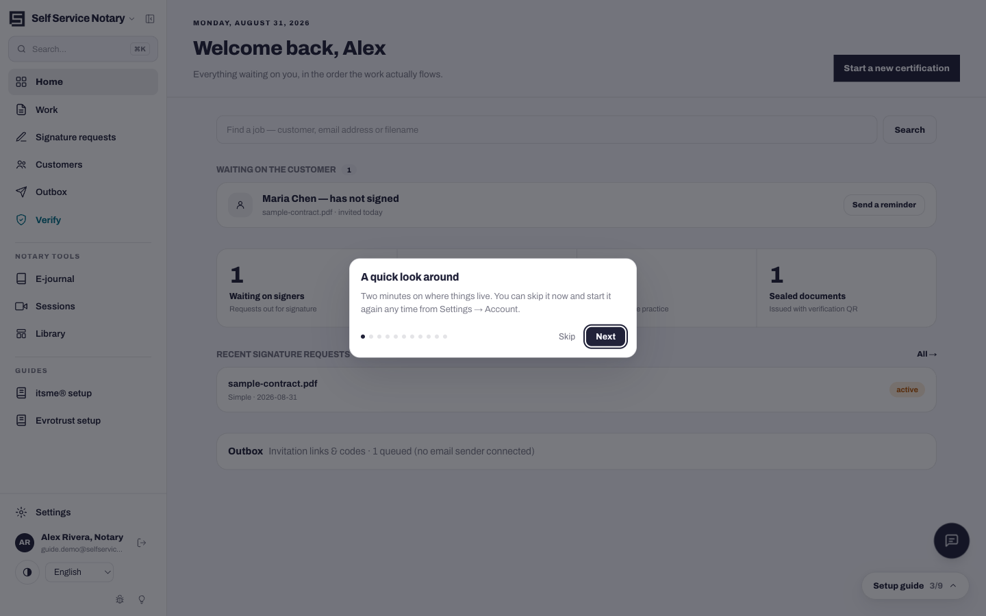 The dashboard: counters, recent work, and the floating setup guide on the right.
