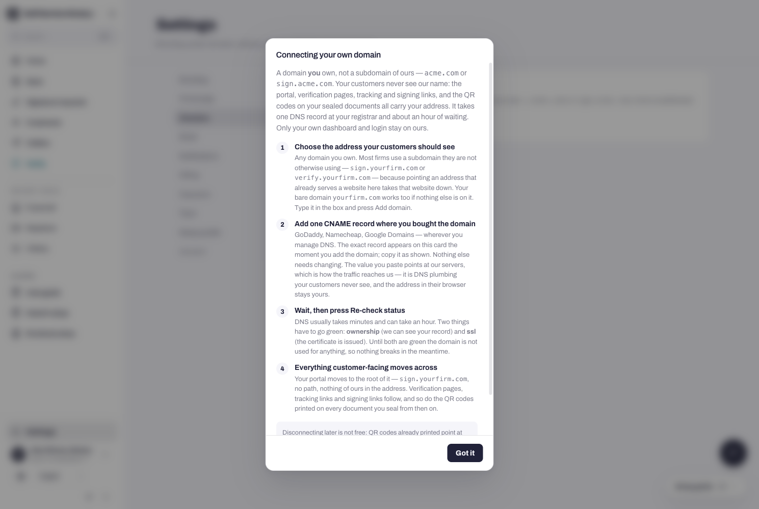 The connect walkthrough: add, CNAME, re-check, done.