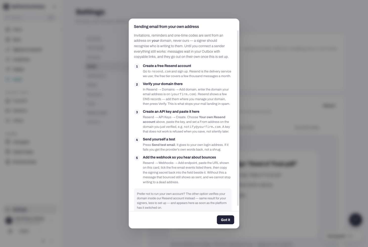 The Resend walkthrough: account, verify domain, API key, From address.