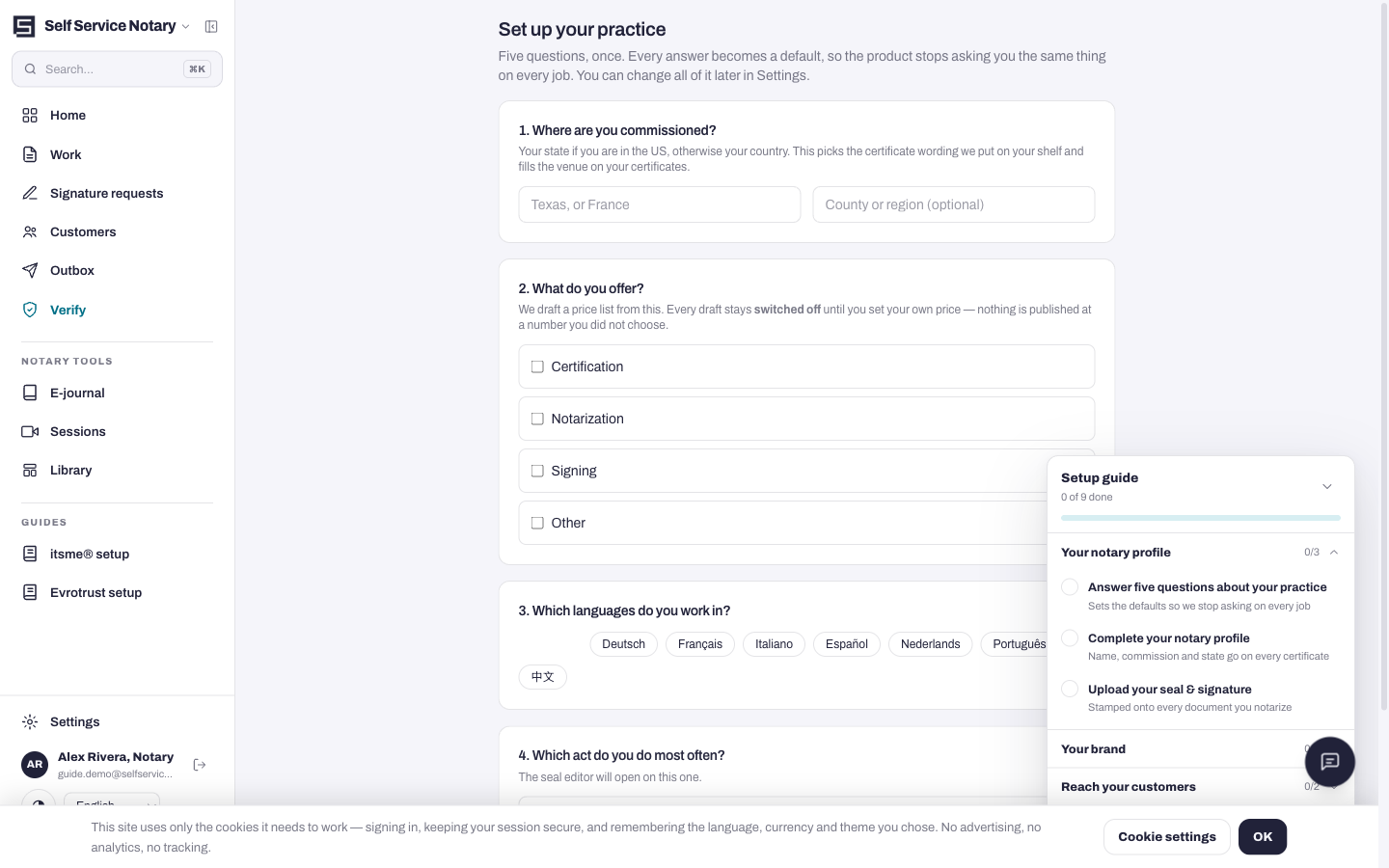 The five-question practice setup — the first question asks where you are commissioned.