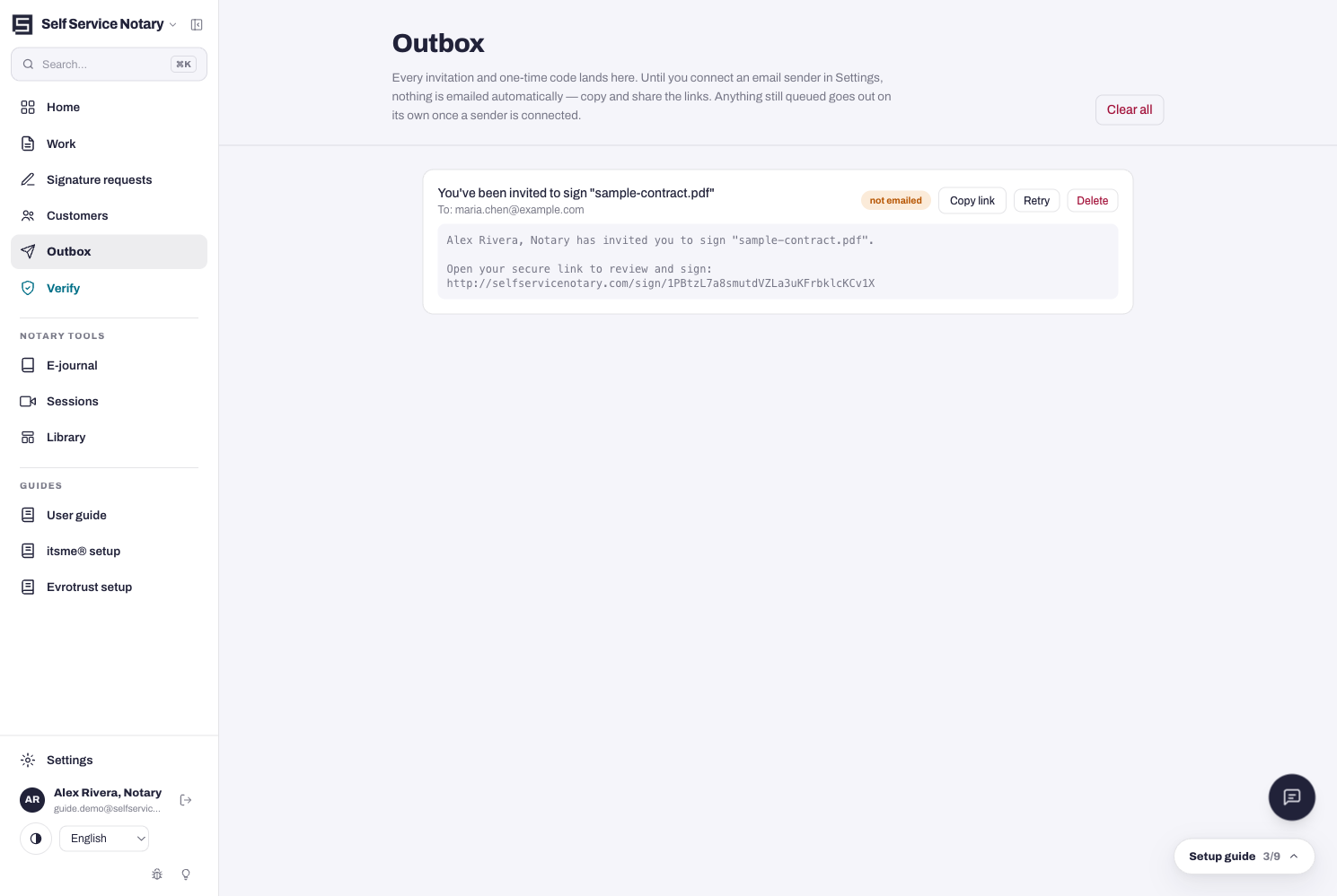 The Outbox: every undelivered message, with its links ready to copy.