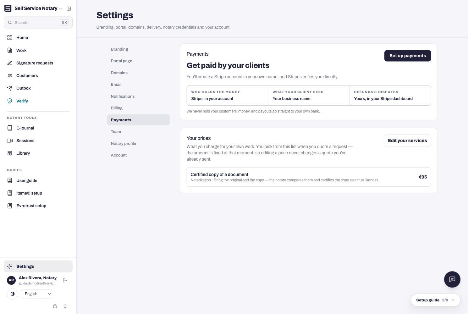 Settings → Payments: Stripe in your name — we never hold your clients' money.