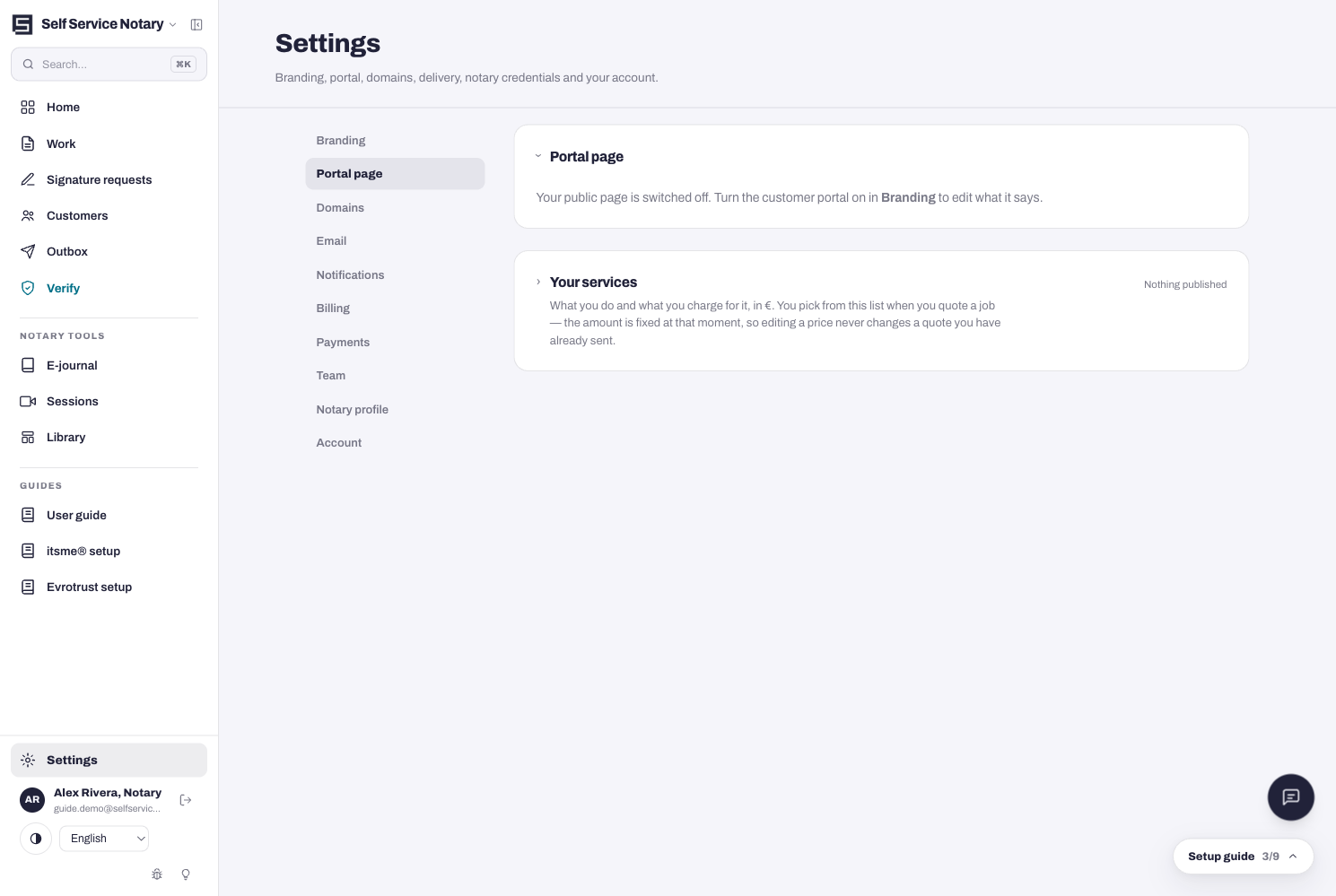 Settings → Portal page: your public page and the Your services card.