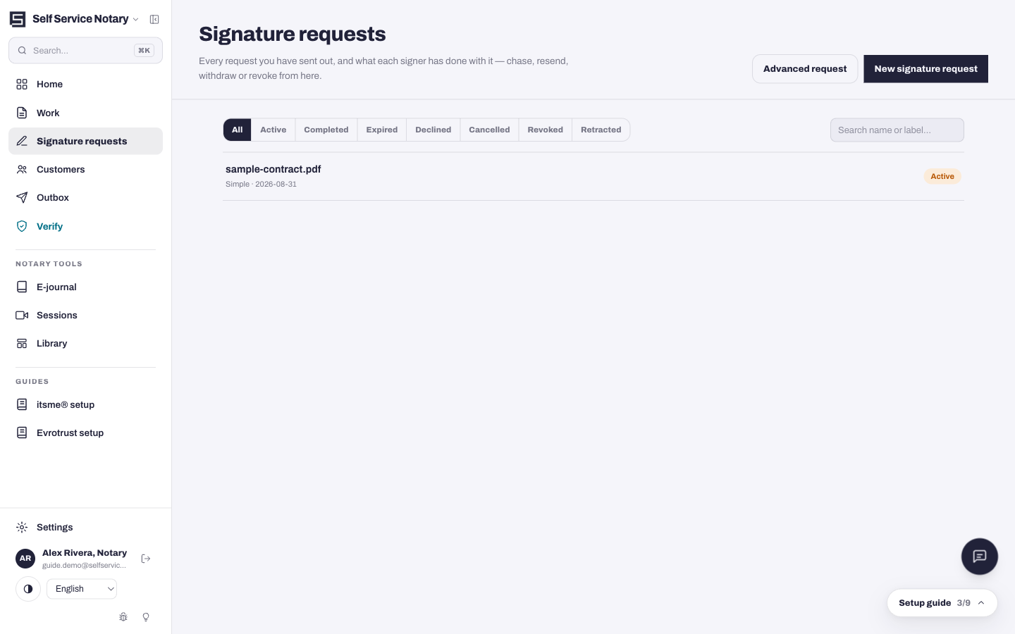 The Signature requests page: every request with its live per-signer status.