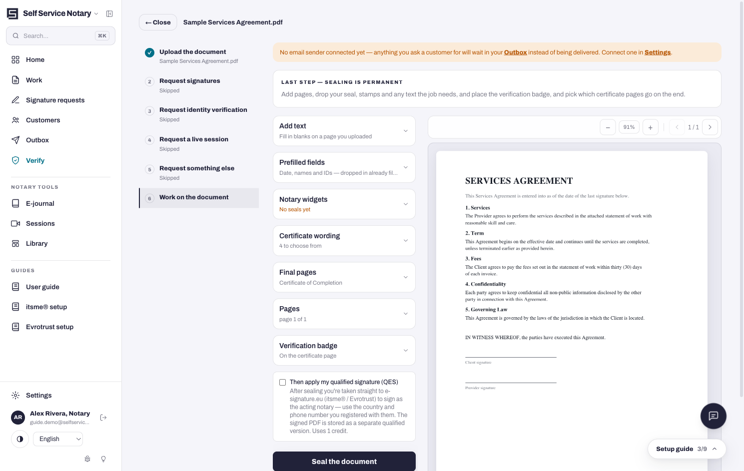 The seal editor: the page on the left, the tools column on the right, the seal button at the bottom.