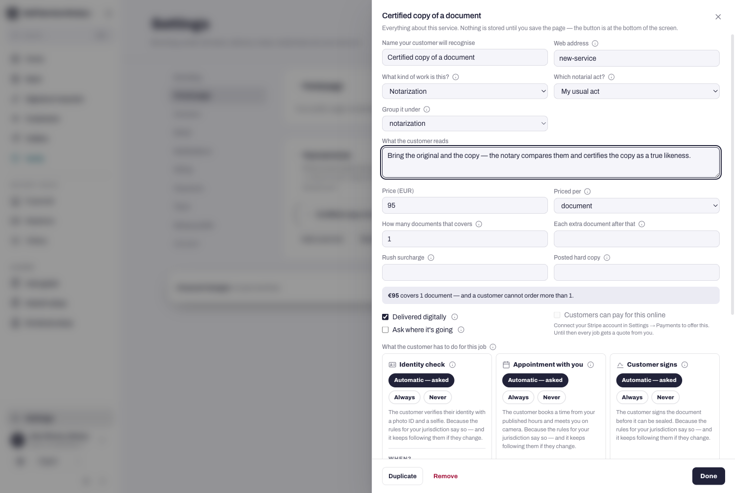 A service in the editor: name, kind of work, description, price per document.