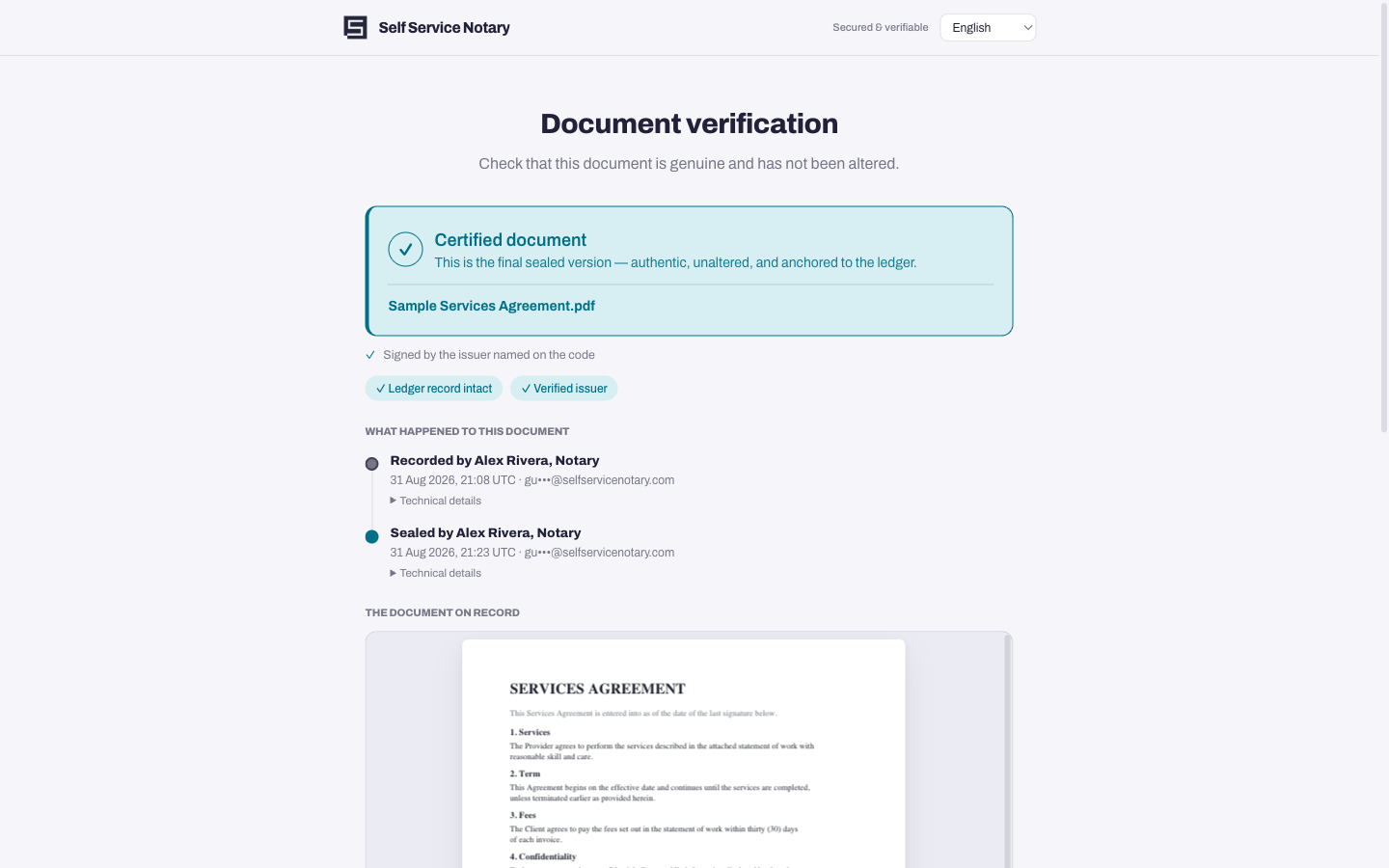 The public verification page for a sealed document.