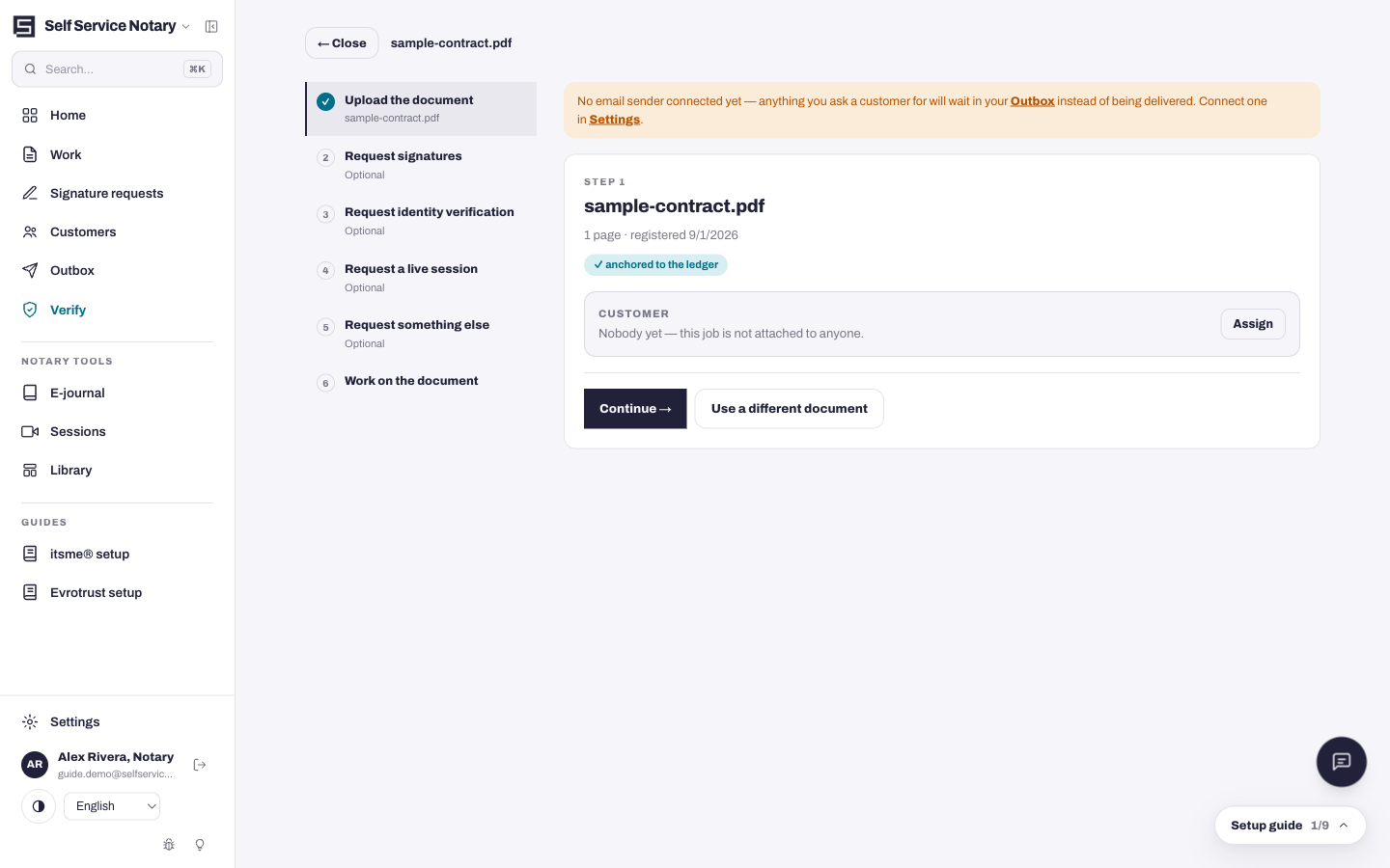 Step 1: the document is registered and anchored; Customer can be assigned here.