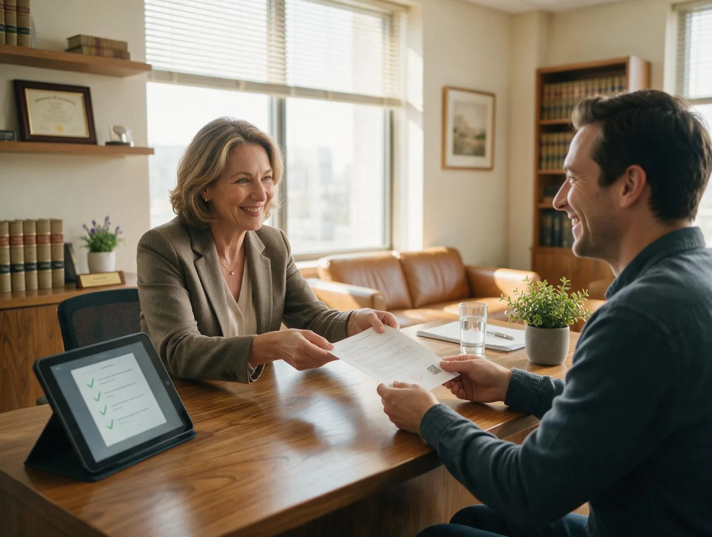 A notary at her desk handing a client a sealed paper document with a QR code, a checklist on the tablet beside them