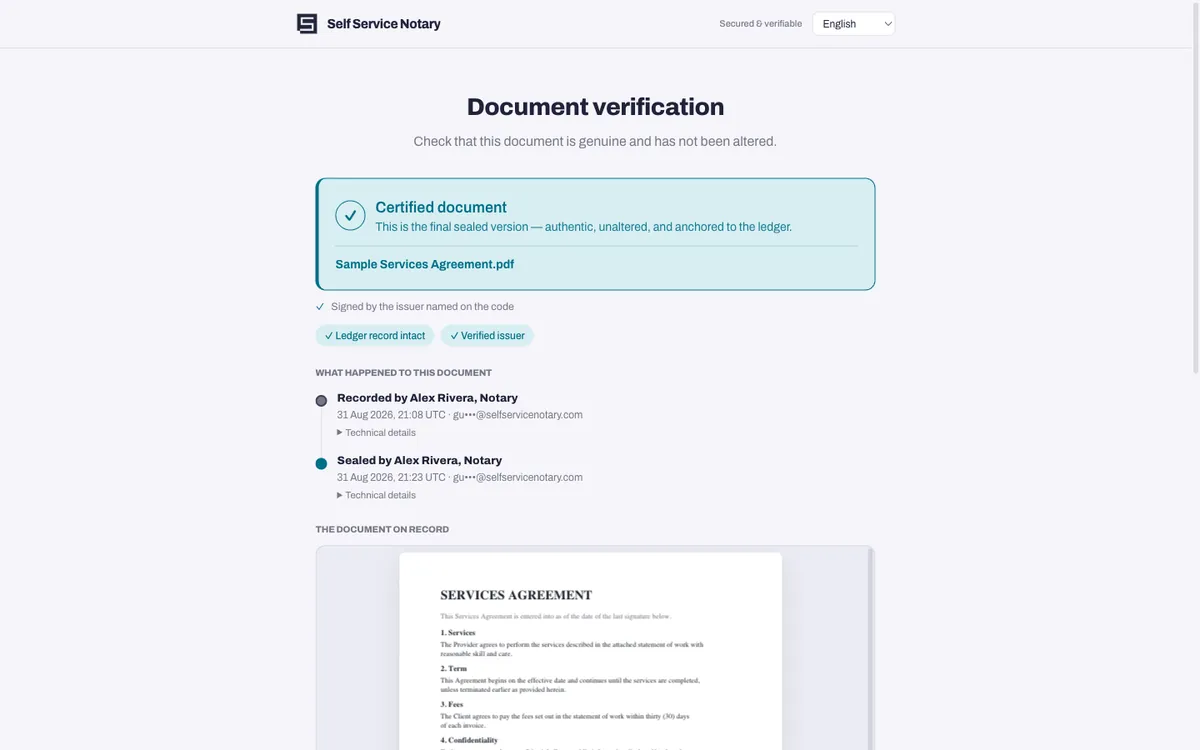 La pagina di verifica pubblica di un documento registrato