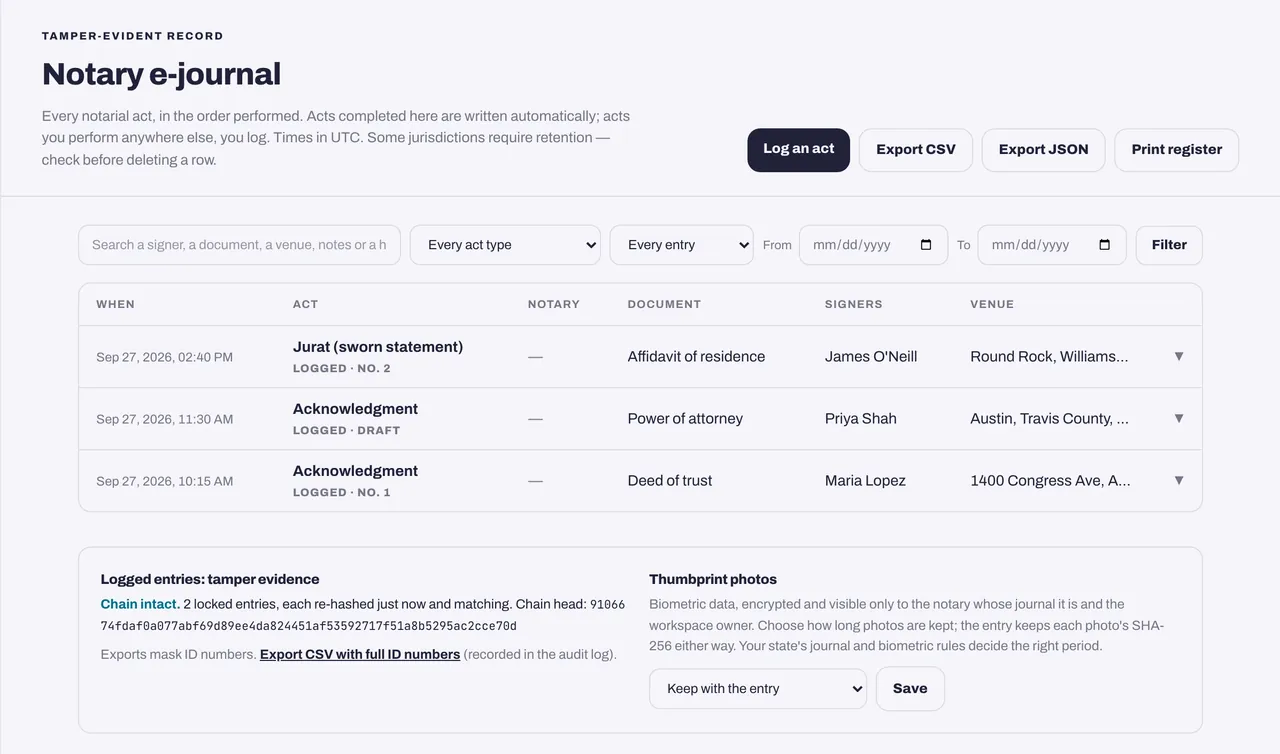 El listado del libro de registro notarial electrónico: asientos registrados con acto, documento, firmante y lugar, filtros, Export CSV, Export JSON y Print register, y la verificación de la cadena