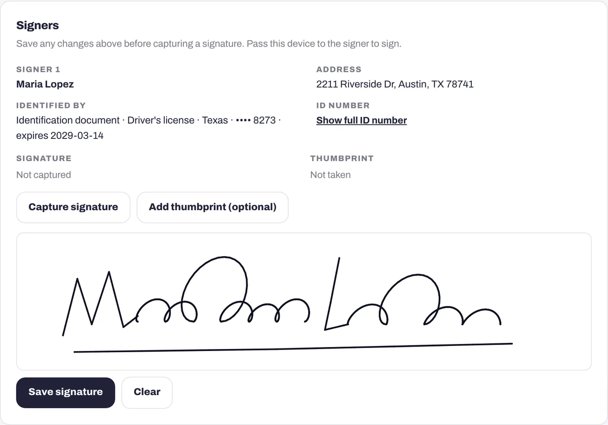 Un borrador de asiento con los datos del firmante, el número de identificación oculto y el recuadro de firma con una firma trazada