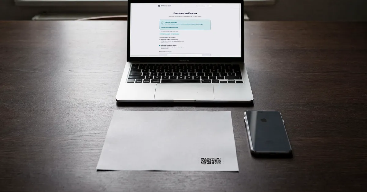 A laptop on a desk showing the public verification page, with a printed page carrying a QR code in front of it